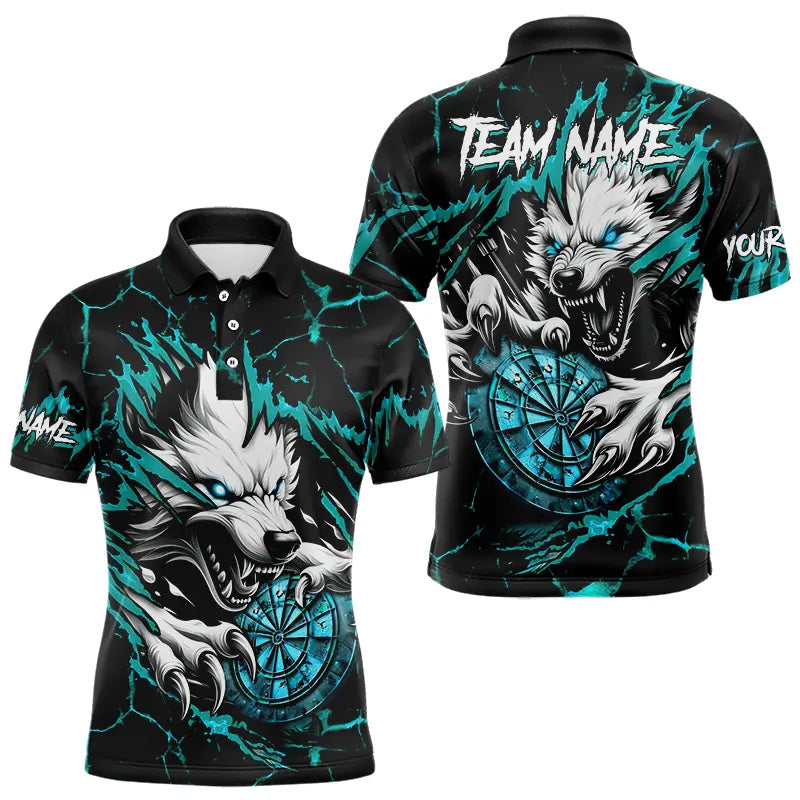 Personalized Wolf Lightning Darts Polo & Quarter Zip Custom Men Dart Shirts Darts Jersey |Turquoise TDM3772