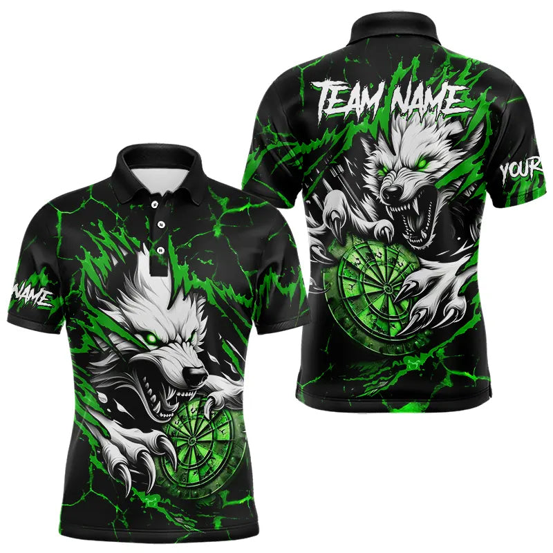 Personalized Wolf Lightning Darts Polo & Quarter Zip Custom Dart Shirts For Men Darts Jersey |Green TDM3773