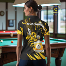 Load image into Gallery viewer, Back view of woman wearing a yellow black funny bee thunder lightning 9 ball billiard team jersey, custom pool tournament shirt.