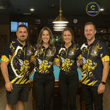 Load image into Gallery viewer, Pool team wearing matching yellow black funny bee 8 ball and 9 ball custom billiard jerseys during tournament competition front view.
