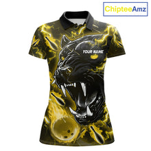 Load image into Gallery viewer, Yellow flame panther custom bowling polo shirt for women, personalized bowling team jersey for league tournaments.