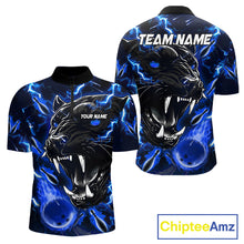 Load image into Gallery viewer, Blue flame panther quarter zip bowling shirt for men, custom bowling team jersey and tournament apparel.
