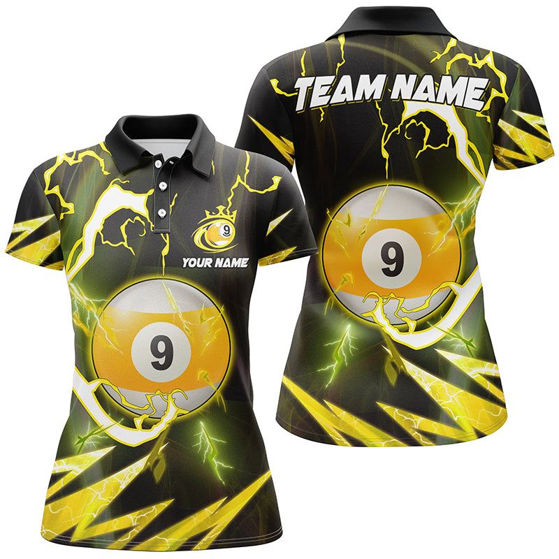 Personalized Yellow 9 Ball Pool Thunder Lightning Polo Shirts For Women Custom Billiards Team Shirts TDM0413