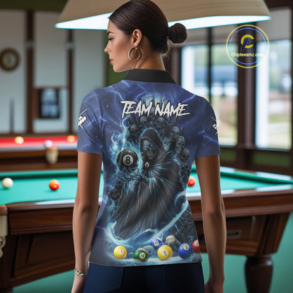 Blue Grim Reaper Lightning Billiard Shirt For Women Custom 8 Ball Pool Jersey Team Polo & 1/4 Zip TDM5292