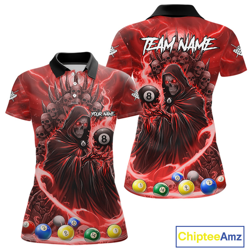 Red Grim Reaper Lightning Billiard Shirt For Women Custom 8 Ball Pool Jersey Team Polo & 1/4 Zip TDM5294