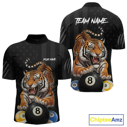 Funny Tiger 8 Ball, 9 Ball & 10 Ball US Flag Billiard Shirt For Men Custom Pool Team Jersey TDM5541