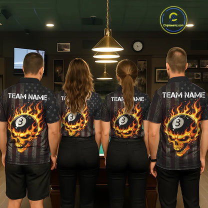 Vintage American Flag Skull Flame Billiard Shirt For Men Custom Patriotic 8 Ball Pool Team Jersey TDM5545