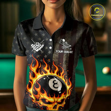 Load image into Gallery viewer, Vintage American Flag Skull Flame Billiard Shirt For Women Custom Patriotic 8 Ball Pool Team Jersey TDM5545