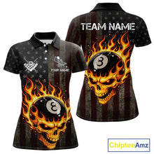 Load image into Gallery viewer, Vintage American Flag Skull Flame Billiard Shirt For Women Custom Patriotic 8 Ball Pool Team Jersey TDM5545