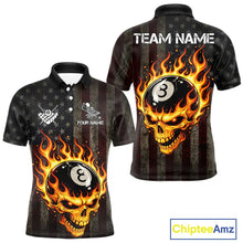 Load image into Gallery viewer, Vintage American Flag Skull Flame Billiard Shirt For Men Custom Patriotic 8 Ball Pool Team Jersey TDM5545