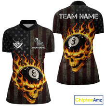 Load image into Gallery viewer, Vintage American Flag Skull Flame Billiard Shirt For Women Custom Patriotic 8 Ball Pool Team Jersey TDM5545