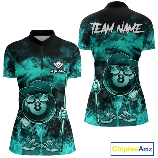 Turquoise Funny 8 Ball Pool Flame Smoke Billiard Shirt For Women Custom Billiard Team Jersey  TDM5547