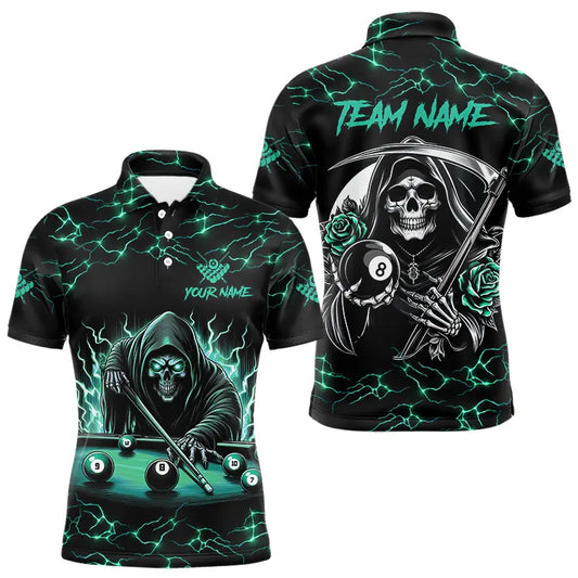Turquoise Funny Grim Reaper Roses 8 Ball Pool Men Billiard Shirts Custom Thunder Billiard Jersey TDM3630