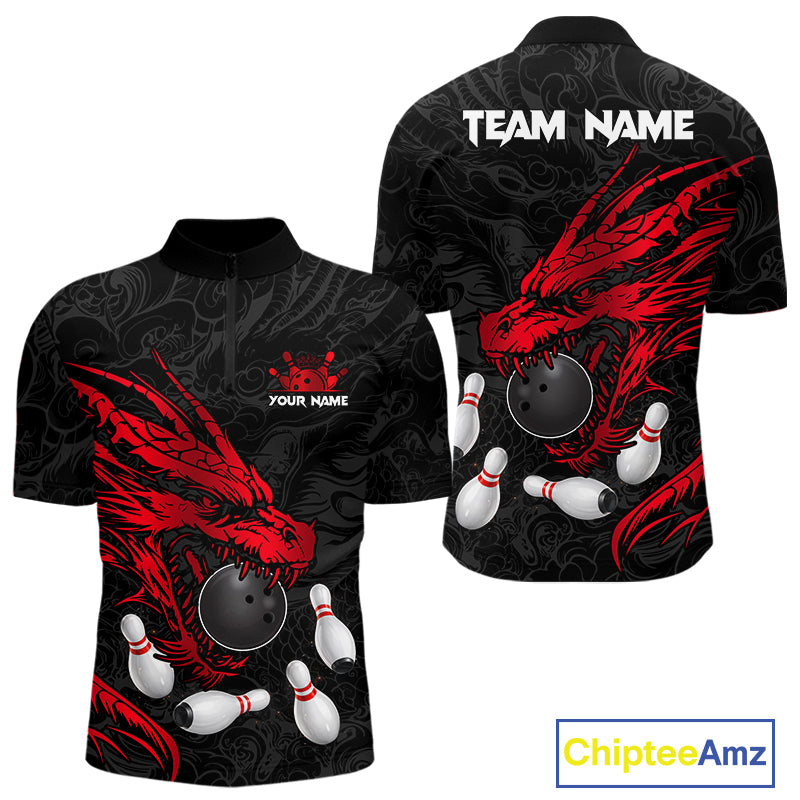 Black And Red Custom Dragon Bowling Shirt For Men, Bowling Team Jersey Polo & Quarter Zip TDM6166