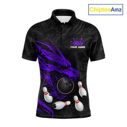 Black And Purple Custom Dragon Bowling Shirt For Men, Bowling Team Jersey Polo & Quarter Zip TDM6167