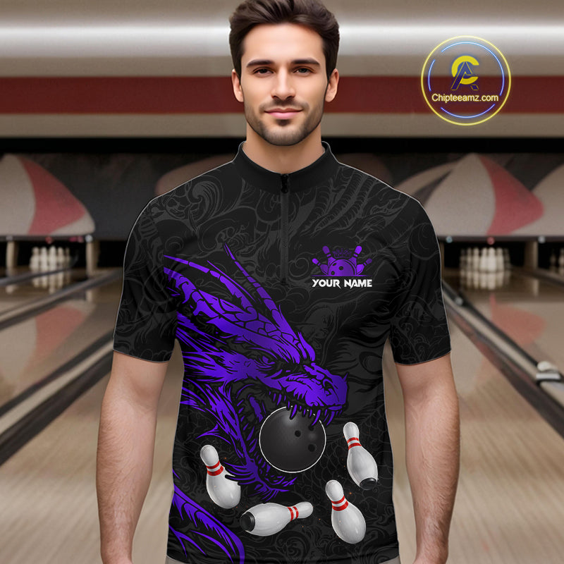 Black And Purple Custom Dragon Bowling Shirt For Men, Bowling Team Jersey Polo & Quarter Zip TDM6167