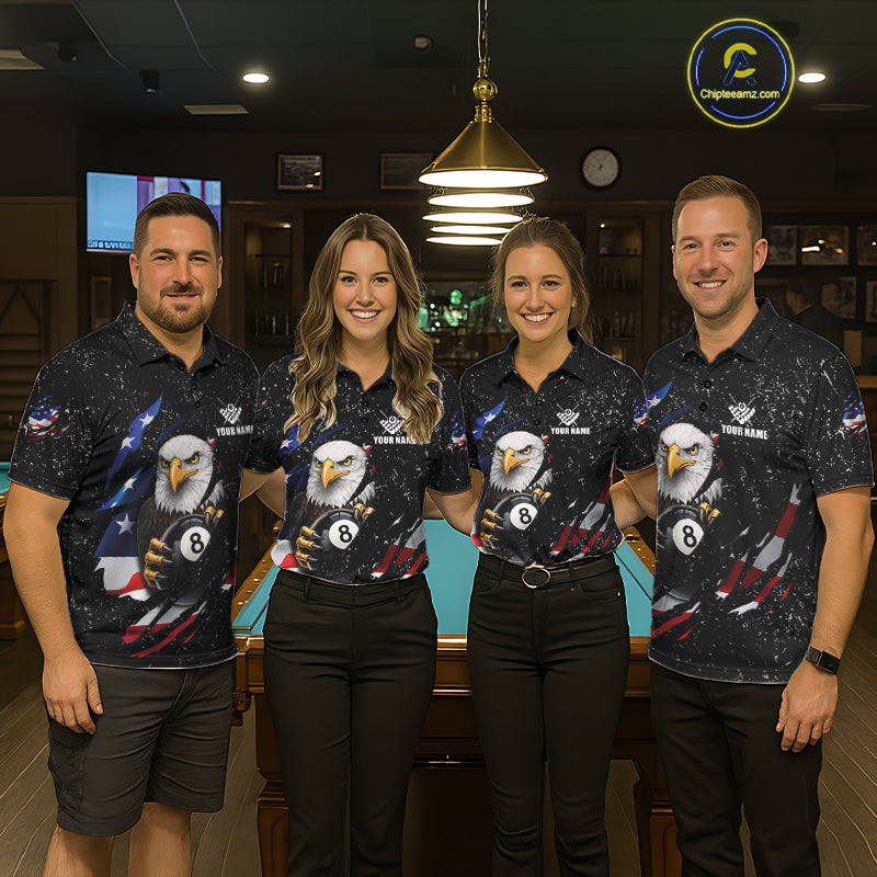Black Grunge US Flag Eagle Billiard Shirt For Men Custom 8 Ball Pool Team Jersey Polo & 1/4 Zip TDM6404