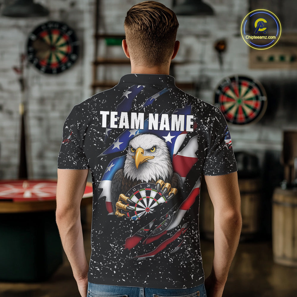 Custom Eagle Darts Jersey For Men, Black Grunge American Flag Patriotic Darts Shirt Polo & 1/4 Zip TDM6405