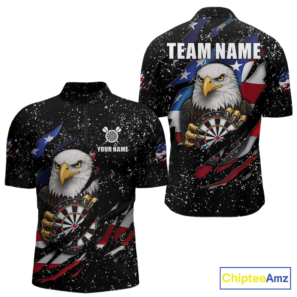 Custom Eagle Darts Jersey For Men, Black Grunge American Flag Patriotic Darts Shirt Polo & 1/4 Zip TDM6405