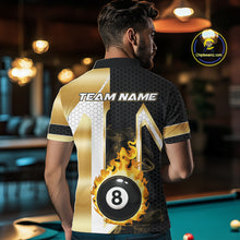 Load image into Gallery viewer, Back view of man wearing a gold flame 8 ball billiard team jersey, custom pool tournament shirt.