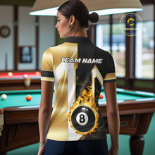 Load image into Gallery viewer, Back view of woman wearing a gold flame 8 ball billiard team jersey, custom pool tournament shirt.