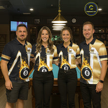 Load image into Gallery viewer, Pool team wearing matching gold flame 8 ball custom billiard jerseys during tournament competition front view.
