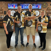 Load image into Gallery viewer, Darts team wearing matching black and gold dartboard flame custom darts jerseys front view.