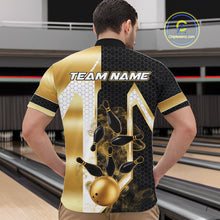 Load image into Gallery viewer, Back view of man wearing a black and gold smoke bowling pin quarter zip bowling shirt, bowling league team uniform.