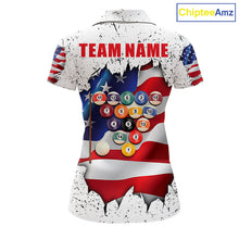 Load image into Gallery viewer, White grunge American flag 8 ball pool team polo shirt with custom billiard graphics, personalized billiard team jersey.