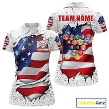 Load image into Gallery viewer, White grunge American flag 8 ball custom billiard polo shirt for women, personalized pool team jersey for tournaments.