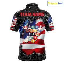 Load image into Gallery viewer, Black grunge American flag 8 ball pool team polo shirt with custom billiard graphics, personalized billiard team jersey.