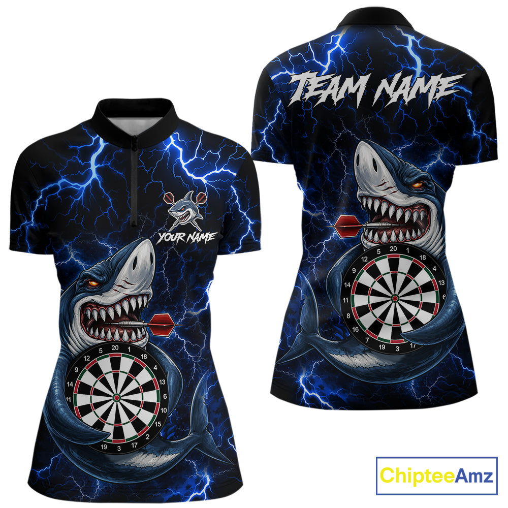 Personalized Blue Thunder Lightning Shark Quarter Zip Darts Shirt Created for Competitive Dart League Teams with Premium Performance Fabric and Tournament Ready Comfort