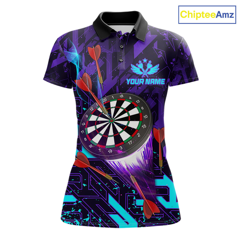 ersonalized Glowing Purple Blue Abstract Darts Polo Shirt Featuring Vibrant Abstract Artwork for Dart League Players, Team Competition, and Tournament Events