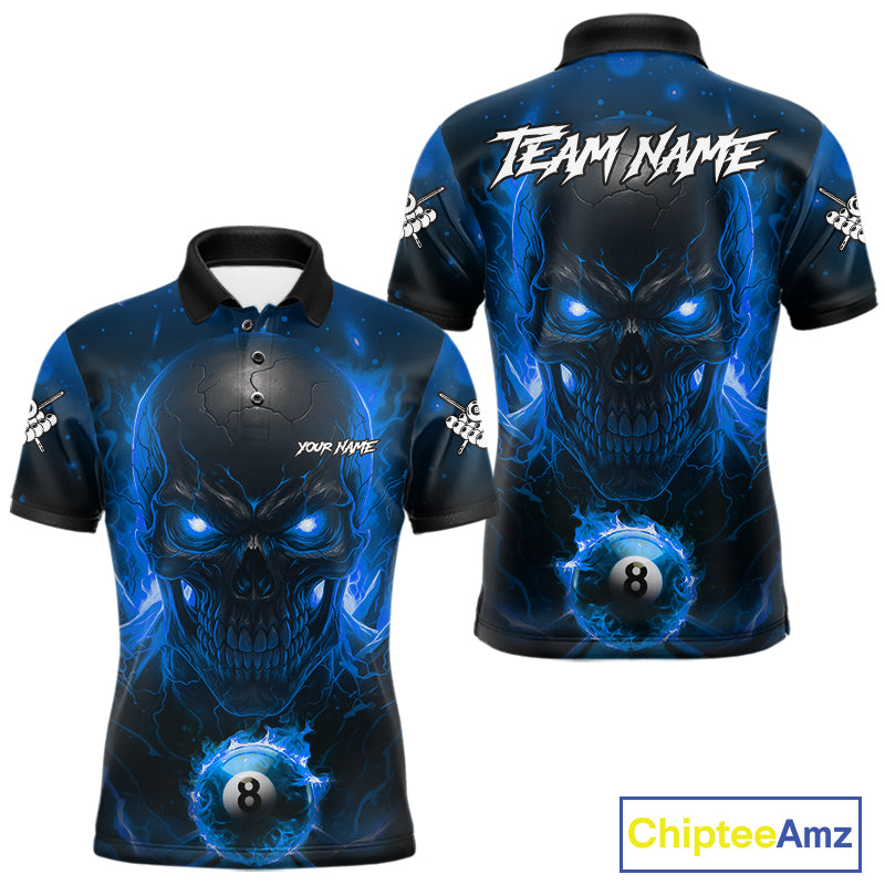 Personalized Blue Billiard Skull Fire 8 Ball Pool Shirt For Men Custom Billiard Team Jersey TDM5079