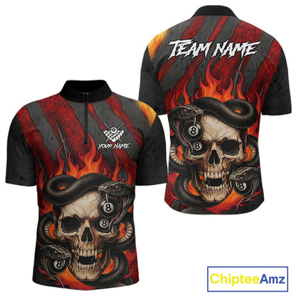 Personalized Skull And Snakes Flame Billiard Shirt For Men Custom 8 Ball Pool Team Jersey |Red TDM5084