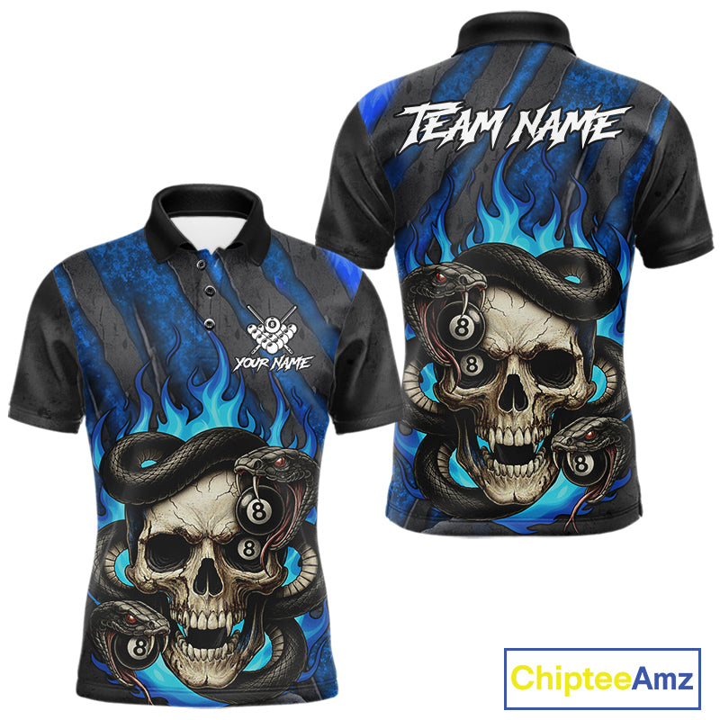 Personalized Skull And Snakes Flame Billiard Shirt For Men Custom 8 Ball Pool Team Jersey |Blue TDM5085