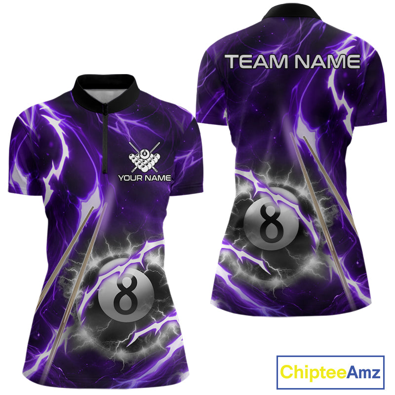 Purple 8 Ball Thunder Lightning Billiard Shirt For Women Custom Pool Team Jersey Polo & Quarter Zip TDM6171