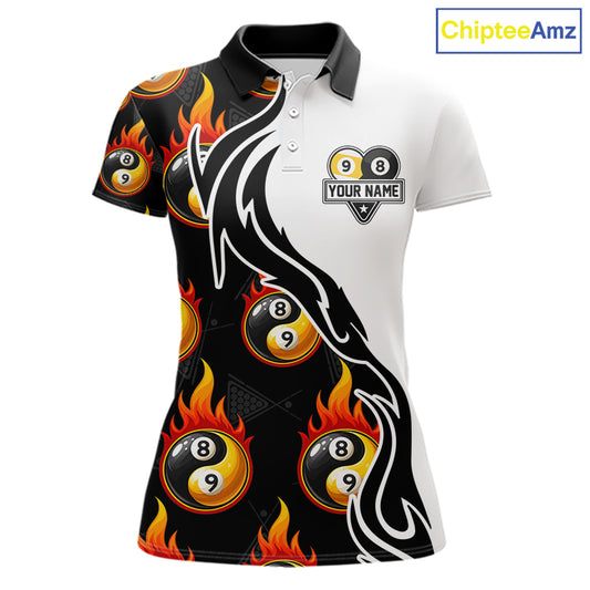Custom Flame 8 Ball 9 Ball Billiard Shirt For Women, Billiard Pool Team Jersey Polo & 1/4 Zip Shirt TDM6175