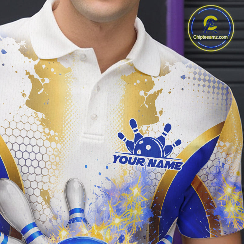 Bowling Ball Splatter Custom White, Blue & Gold Men's Bowling Shirt, Bowling Jersey Polo & 1/4 Zip TDM6178