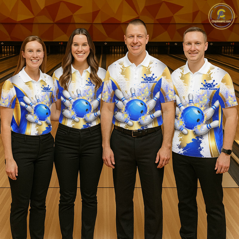 Bowling Ball Splatter Custom White, Blue & Gold Men's Bowling Shirt, Bowling Jersey Polo & 1/4 Zip TDM6178