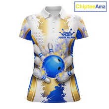 Load image into Gallery viewer, Bowling Ball Splatter Custom White, Blue &amp; Gold Women's Bowling Shirt, Bowling Jersey Polo &amp; 1/4 Zip TDM6178