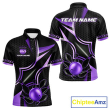 Load image into Gallery viewer, Black and purple bowling team polo shirt for men with custom league and tournament graphics.