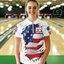Load image into Gallery viewer, Woman wearing a white grunge American flag quarter zip bowling shirt front view, personalized bowling team apparel.