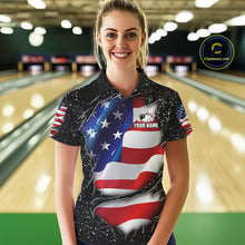 Load image into Gallery viewer, Woman wearing a black grunge American flag bowling polo shirt front view, custom bowling league jersey for women.