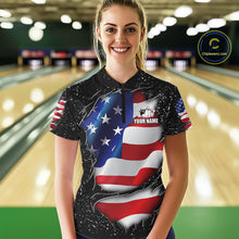 Load image into Gallery viewer, Woman wearing a black grunge American flag quarter zip bowling shirt front view, personalized bowling team apparel.
