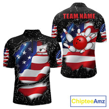 Load image into Gallery viewer, Black grunge American flag quarter zip bowling shirt for men, custom bowling team jersey and tournament apparel.