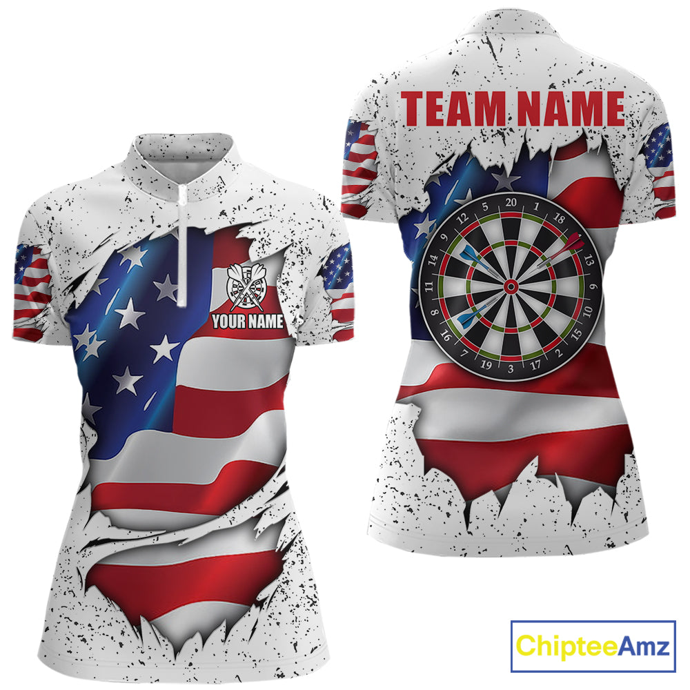 White grunge American flag quarter zip darts shirt for women, custom darts team jersey and tournament apparel.