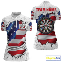 Load image into Gallery viewer, White grunge American flag quarter zip darts shirt for women, custom darts team jersey and tournament apparel.