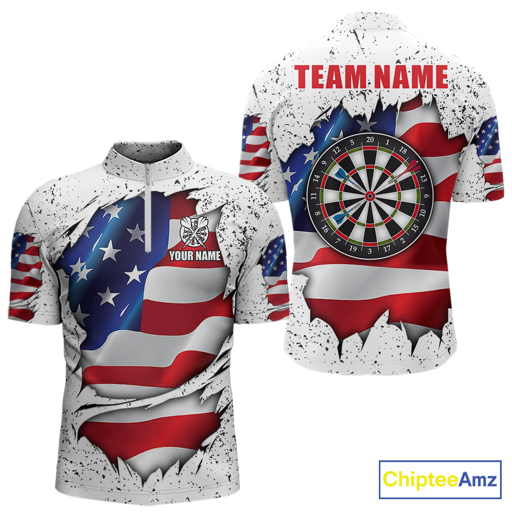 White grunge American flag quarter zip darts shirt for men, custom darts team jersey and tournament apparel.