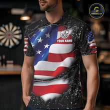 Load image into Gallery viewer, Man wearing a black grunge American flag darts jersey front view, personalized patriotic darts team shirt.